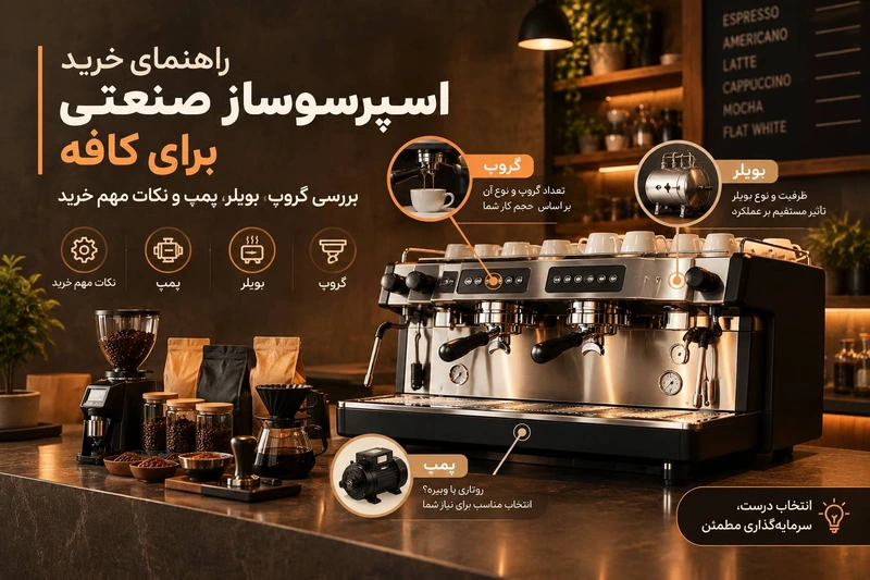راهنمای خرید اسپرسوساز صنعتی برای کافه، بررسی گروپ، بویلر، پمپ و نکات مهم خرید